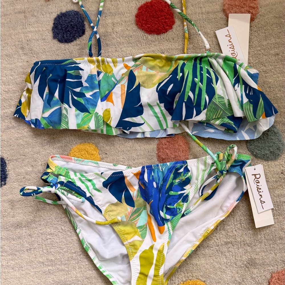 Raisins Girls Tropical Leaf Ruffle Bikini - Green / Blue